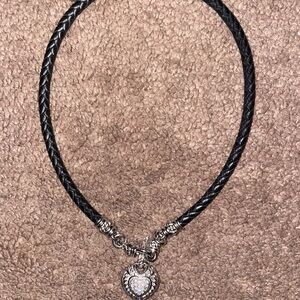 Judith Ripka Black Braided Leather Necklace with Sterling Heart Pendant